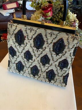 Vintage Embellished Beaded Ivory Evening Handbag with Iridescent Peacock Motif